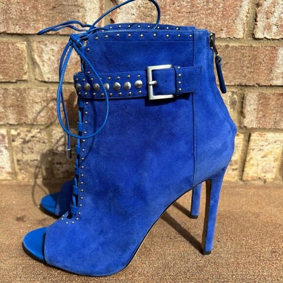Brian Atwood Cobalt Blue Suede Leather Stiletto Peep Toe Lace Up Boots Size 10 - Picture 1 of 10